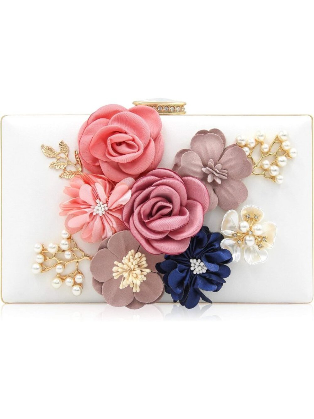 Women's White Floral Clutch Purse Wedding Rhinestone Prom Party Evening Bag